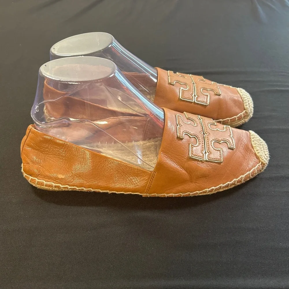 Tory Burch Women's Cognac Brown leather‎ jute espadrille flats logo